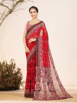 Garden VARELI - Red Floral Printed Chiffon Saree With Unstitched Blouse