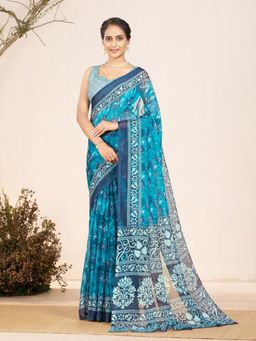 Garden VARELI - Teal Floral Printed Chiffon Saree With Unstitched Blouse