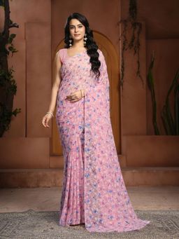 Garden VARELI - Pink Floral Printed Saree With Unstitched Blouse