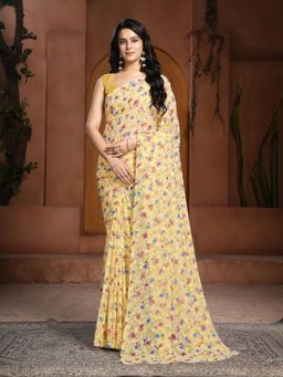 Garden VARELI - Yellow Floral Printed Saree With Unstitched Blouse