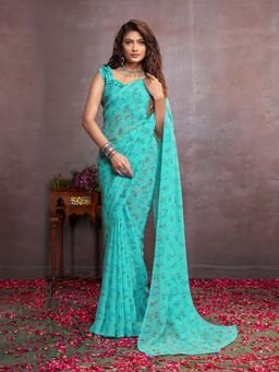 Garden VARELI - Turquoise Floral Printed Saree With Unstitched Blouse