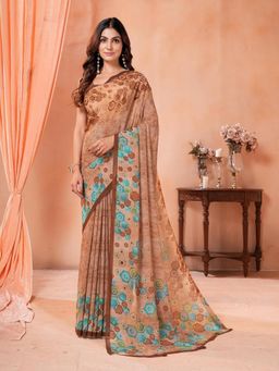 Garden VARELI - Brown Geometric Printed Saree With Unstitched Blouse