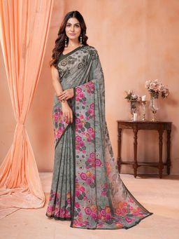Garden VARELI - Grey Floral Printed Saree With Unstitched Blouse