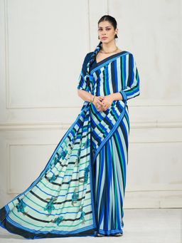 Garden VARELI - Blue Stripes Printed Saree With Unstitched Blouse