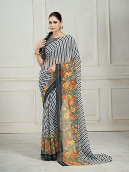 Garden VARELI - Black Floral Printed Saree With Unstitched Blouse