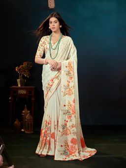 Garden VARELI - Cream Floral Printed Saree With Unstitched Blouse