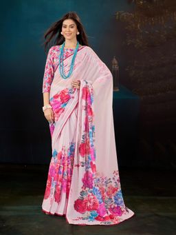 Garden VARELI - Red Floral Printed Saree With Unstitched Blouse