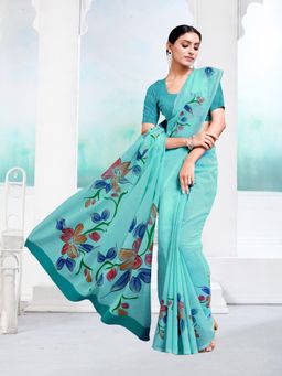 Garden VARELI - Turquoise Floral Printed Saree Without Blouse