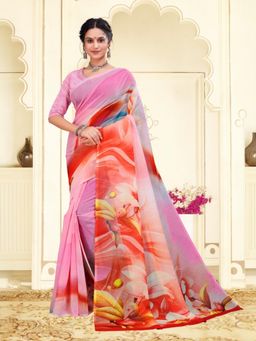 Garden VARELI - Pink Floral Printed Saree With Unstitched Blouse