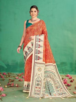 Garden VARELI - Orange Printed Saree With Unstitched Blouse
