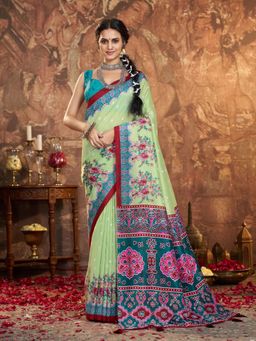 Garden VARELI - Green Floral Printed Saree With Unstitched Blouse