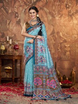 Garden VARELI - Blue Printed Saree With Unstitched Blouse