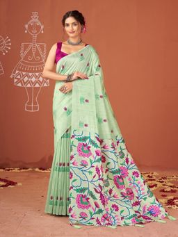Garden VARELI - Green Floral Printed Saree With Unstitched Blouse
