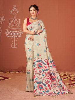 Garden VARELI - Beige Floral Printed Saree With Unstitched Blouse