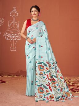 Garden VARELI - Blue Floral Printed Saree Without Blouse