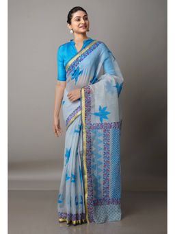 Unnati Silks - Light Blue Pure Block Printed Kota Cotton Saree with Unstitched Blouse