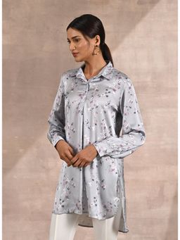 Lakshita - Grey Satin Shirt with Floral Print & Round Hem