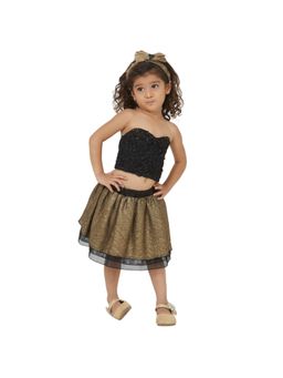 Tic Tac Toe Kids - Girls Black Sweetheart Crop Top With Golden Shimmer Skirt (Set of 2)