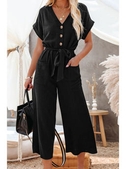PARTIQ - Women Black Solid Jumpsuit with Belt (Set of 2)