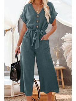 PARTIQ - Women Blue Solid Jumpsuit with Belt (Set of 2)