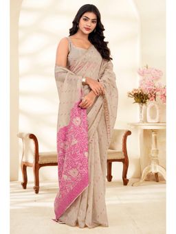 Mysilklove - Almond Cream Floral Printed Cotton Saree with Unstitched Blouse