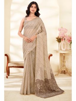 Mysilklove - Luxe Cream Floral Printed Cotton Saree with Unstitched Blouse