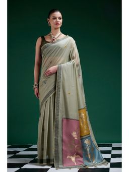 Mysilklove - Green Jamdani Woven Muga Cotton Saree with Unstitched Blouse