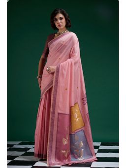 Mysilklove - Pink Jamdani Woven Muga Cotton Saree with Unstitched Blouse