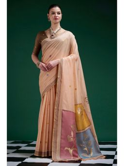 Mysilklove - Peach Jamdani Woven Muga Cotton Saree with Unstitched Blouse