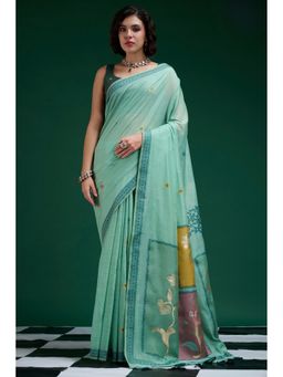 Mysilklove - Blue Jamdani Woven Muga Cotton Saree with Unstitched Blouse