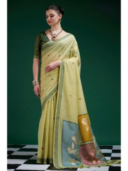 Mysilklove - Olive Jamdani Woven Muga Cotton Saree with Unstitched Blouse