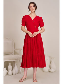 Torsha - Women's Red Pleated Tired Dress