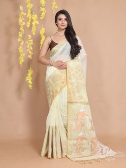 CHARUKRITI - Off White Cotton Handspun Zari Woven Floral & Bird Designs Saree with Unstitched Blouse