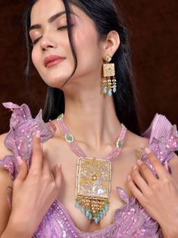 DASTOOR - Women Pink Gold Plated Designer Necklace and Earrings