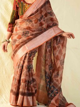 Sundarii - Maroon Kismat Ajrakh Handloom Kota Doria Saree with Unstitched Blouse