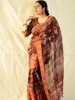 Sundarii - Maroon Udaan Ajrakh Handloom Kota Doria Saree with Unstitched Blouse