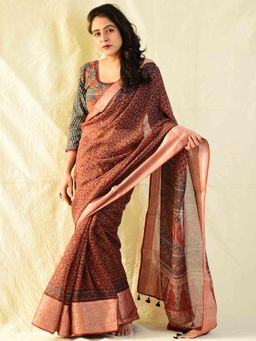 Sundarii - Maroon Rimjhim Ajrakh Handloom Kota Doria Saree with Unstitched Blouse