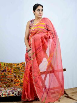 Sundarii - Peach Meet Kota Doria Saree with Unstitched Blouse