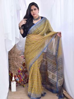 Sundarii - Mustard Kripa Daub Kota Doria Saree with Unstitched Blouse