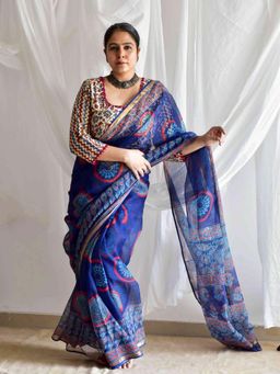 Sundarii - Blue Malhaar Daub Kota Doria Saree with Unstitched Blouse