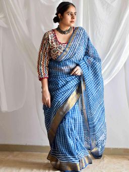 Sundarii - Blue Ruban Daub Kota Doria Saree with Unstitched Blouse