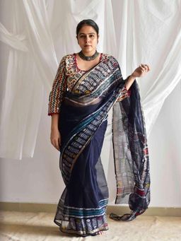 Sundarii - Navy Blue Naina Daub Kota Doria Saree with Unstitched Blouse