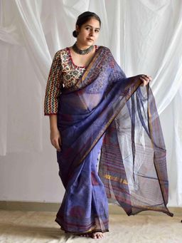 Sundarii - Navy Blue Kairi Daub Kota Doria Saree with Unstitched Blouse