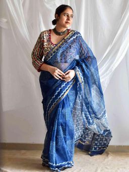 Sundarii - Blue Raunak Daub Kota Doria Saree with Unstitched Blouse