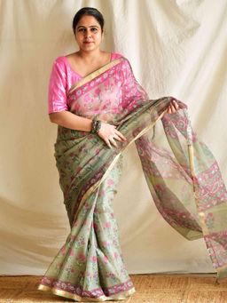 Sundarii - Green Ash Garden Daub Kota Doria Saree with Unstitched Blouse