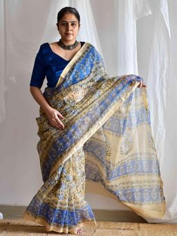 Sundarii - Blue Lush Daub Kota Doria Saree with Unstitched Blouse