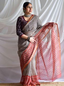 Sundarii - Maroon Neena Kota Doria Saree with Unstitched Blouse