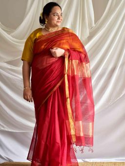 Sundarii - Red Ranjhana Kota Doria Saree with Unstitched Blouse