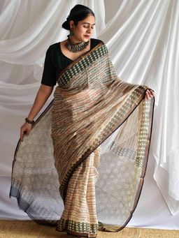 Sundarii - Beige Bela Kota Doria Saree with Unstitched Blouse