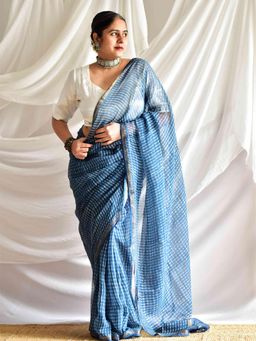 Sundarii - Blue Khanak Kota Doria Saree with Unstitched Blouse